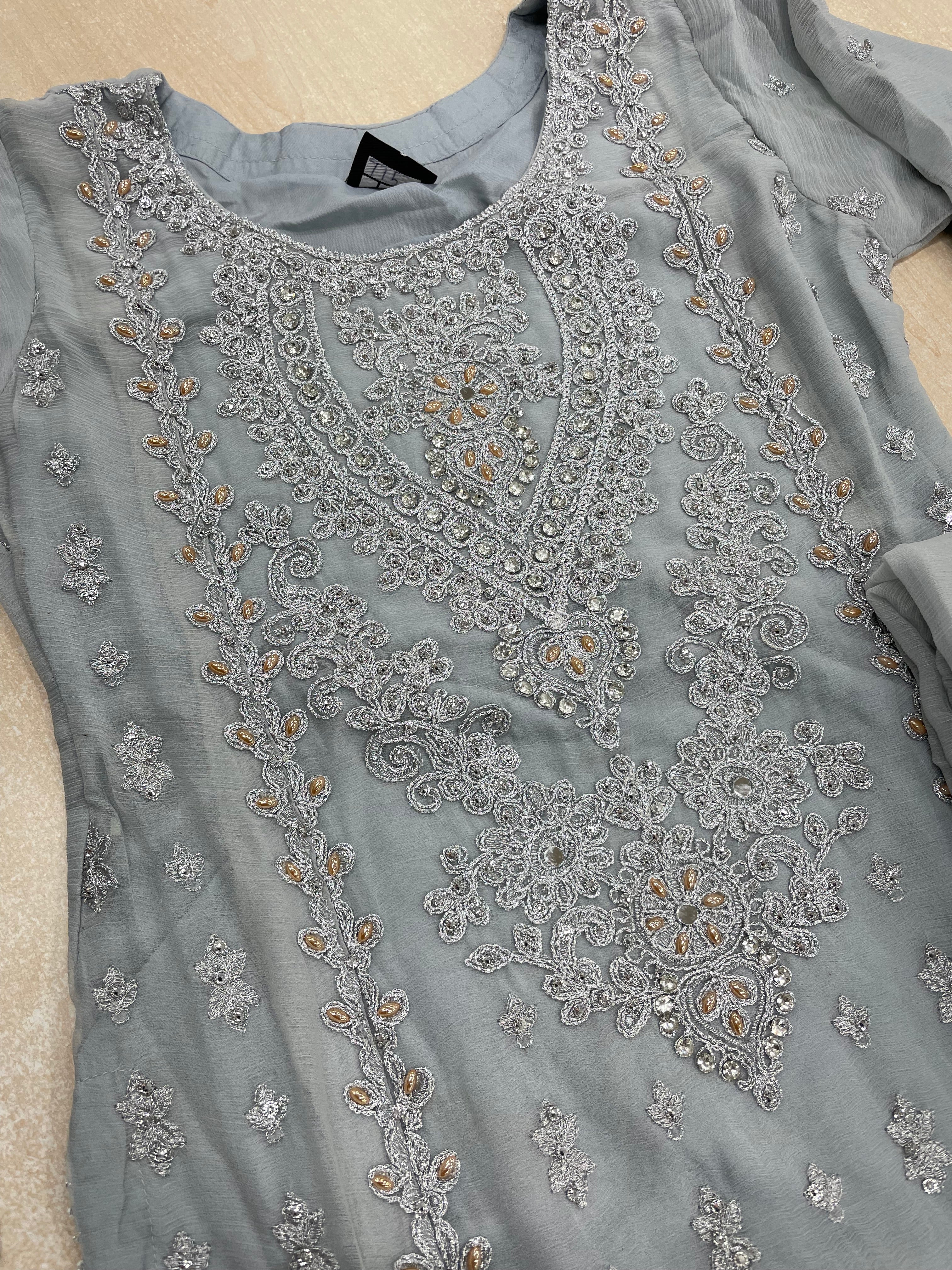 Grey embroidered Plazo - Rose Gold Embroidered & Gem work - 3Pcs