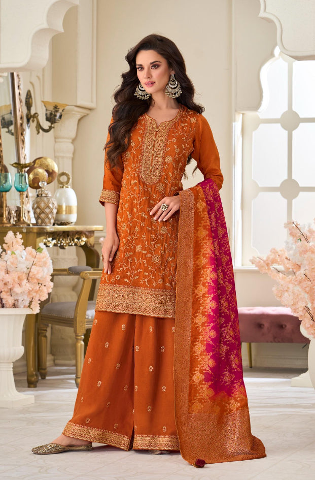 Aleeza – Orange Pure Silk Embroidered Set with Jacquard Dupatta - 3pcs