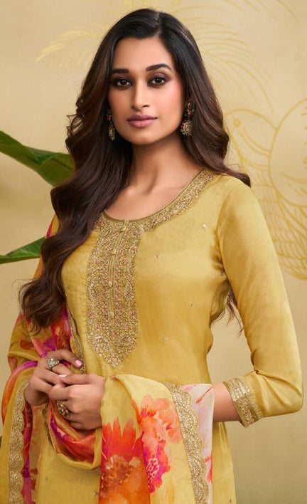 Elham – Mustard Masoori Embroidered Suit Set with Printed Dupatta - 3pcs
