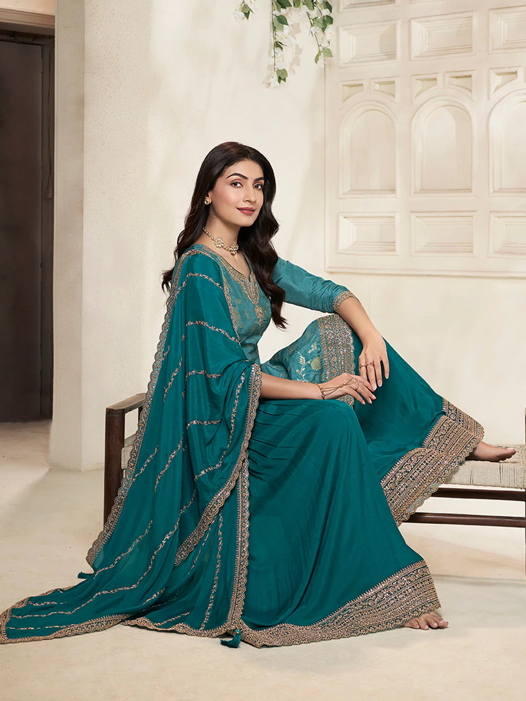 Sareen – Teal Dola Silk Embroidered Straight Kurta with Sequinned plazo Dupatta – 3 Pcs