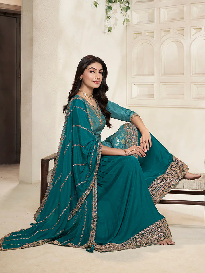 Sareen – Teal Dola Silk Embroidered Straight Kurta with Sequinned plazo Dupatta – 3 Pcs