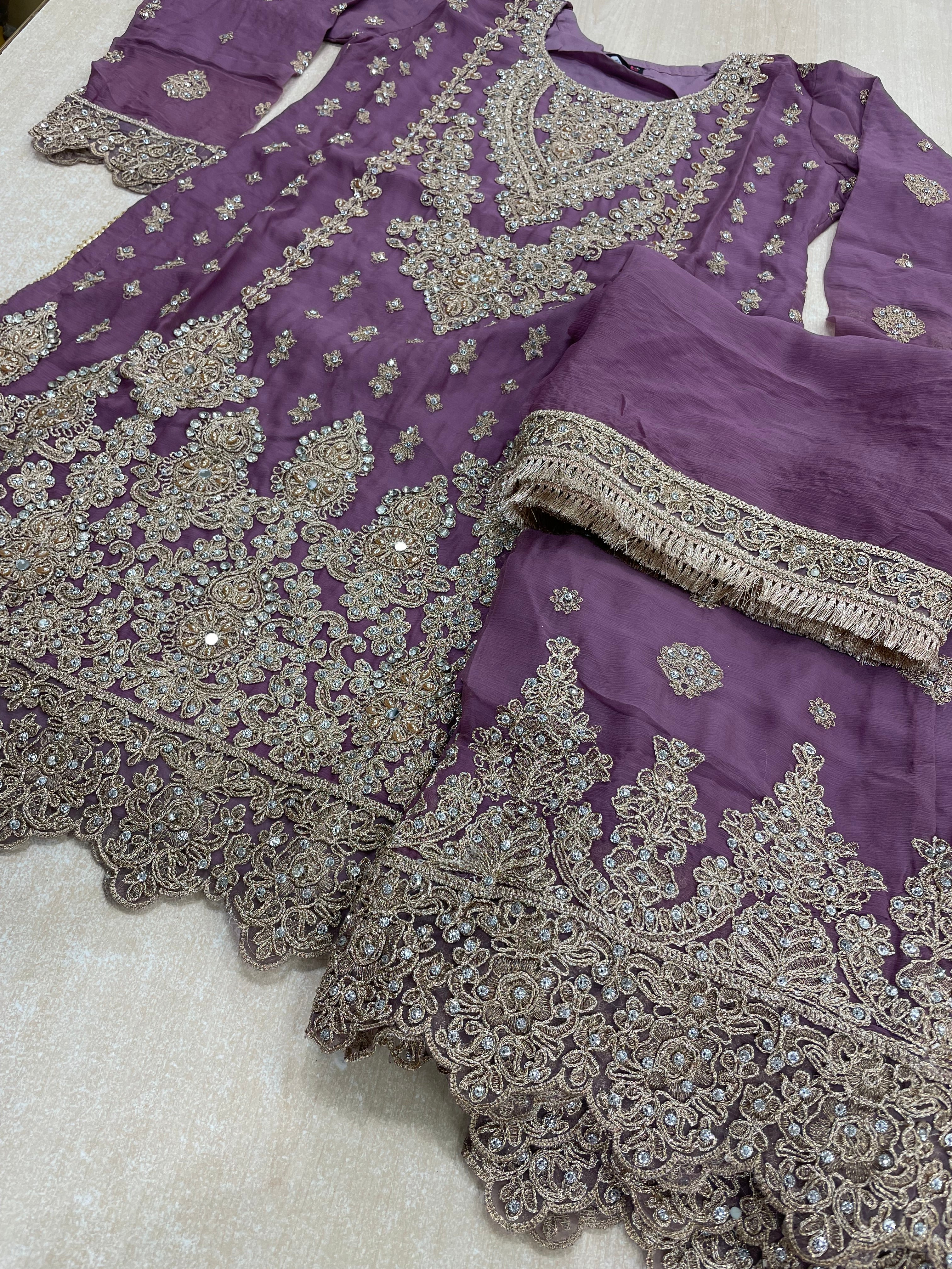 Lavender embroidered Plazo - Rose Gold Embroidered & Gem work - 3Pcs