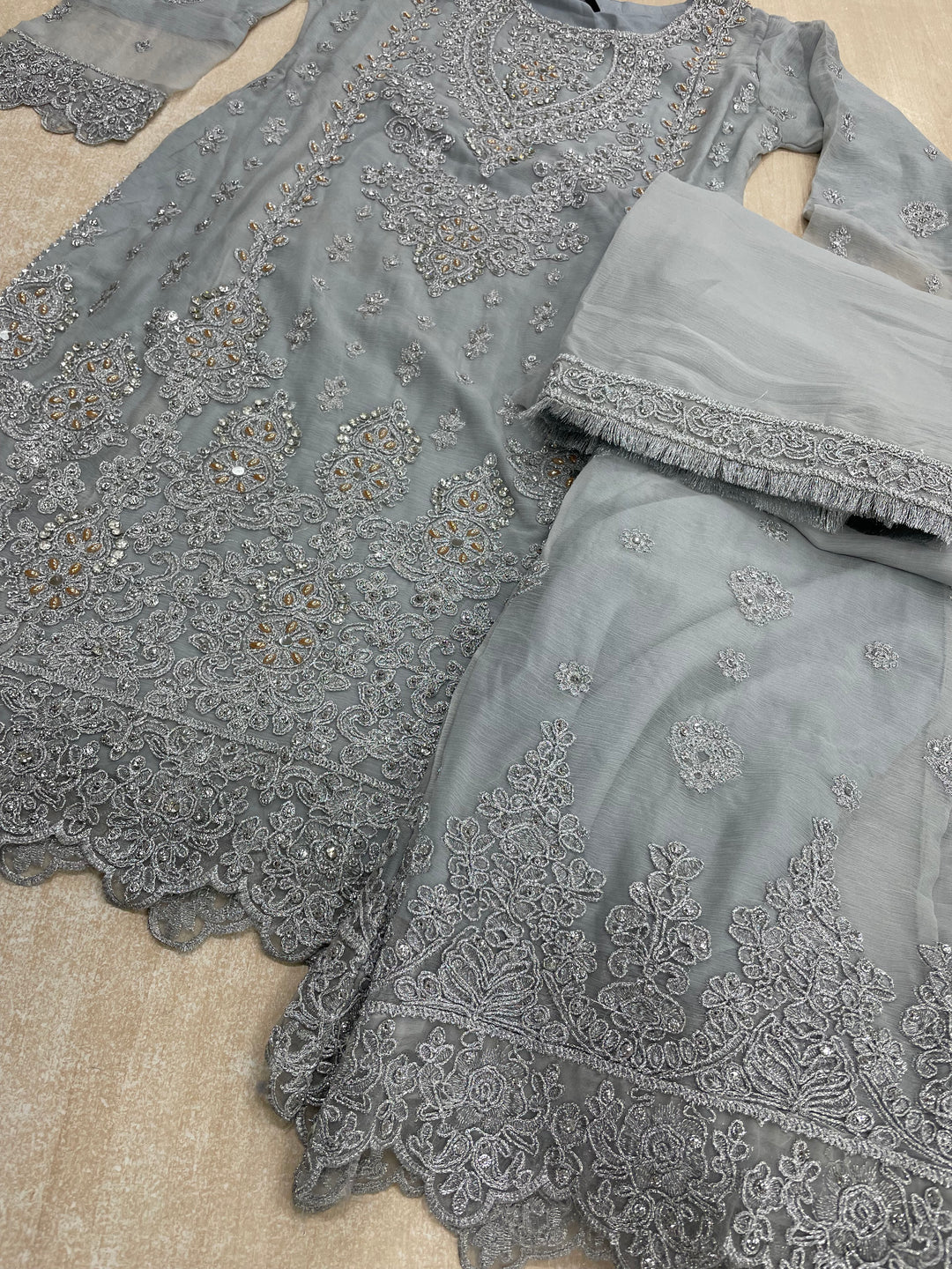 Aisha - Grey embroidered Plazo - Silver/Rose Gold Embroidered & Gem work - 3Pcs