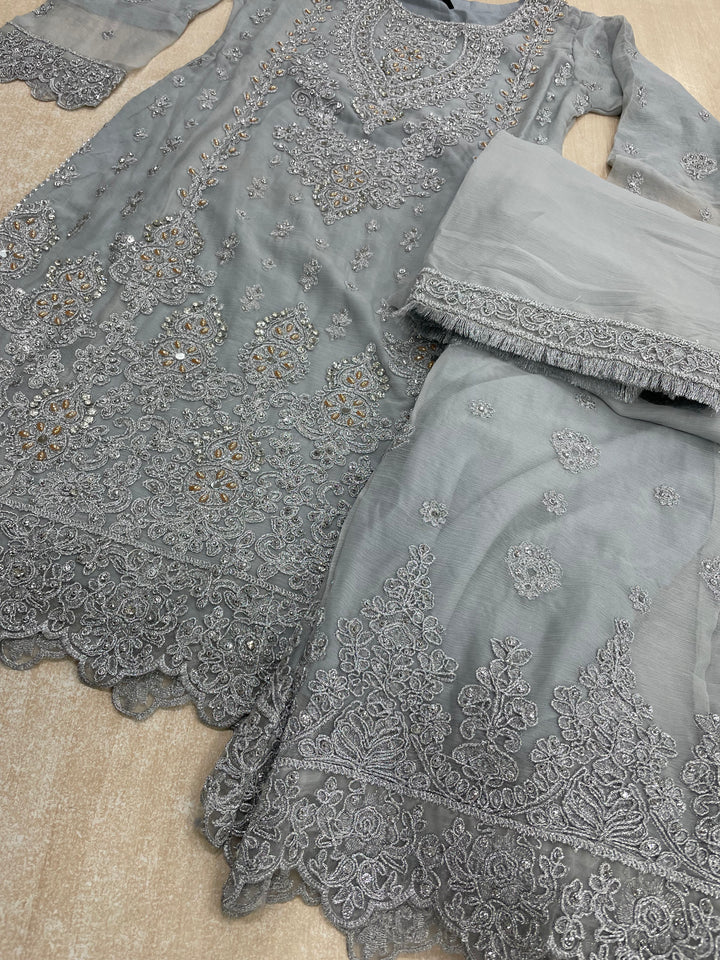 Aisha - Grey embroidered Plazo - Silver/Rose Gold Embroidered & Gem work - 3Pcs