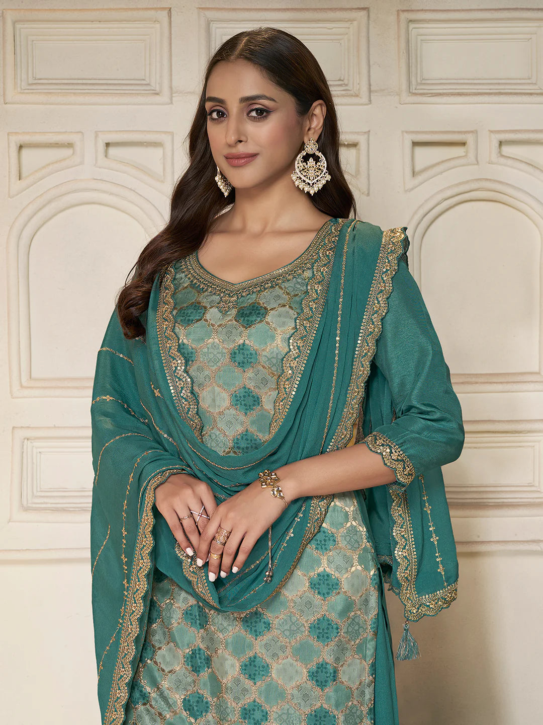 Abeer – Pastel Teal Green Dola Silk Printed Kurta with Sequinned Plazo Dupatta – 3 Pcs