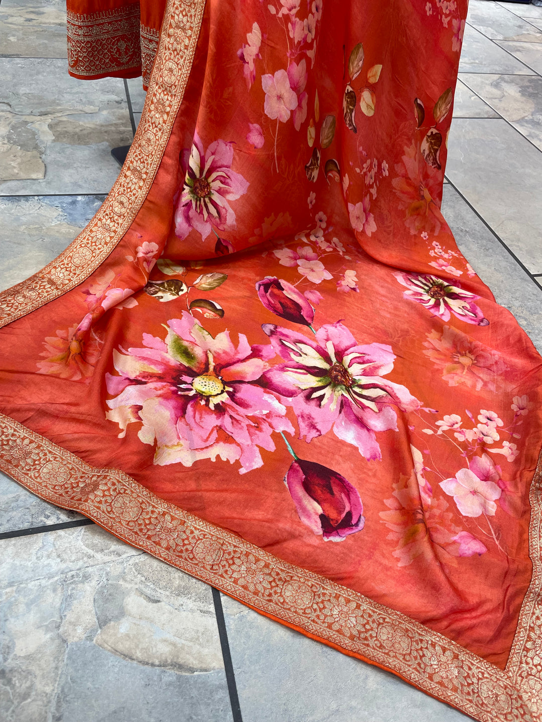 Isra – Orange Bhagalpuri Silk Anarkali with Digital Print Dupatta – 3 Pcs