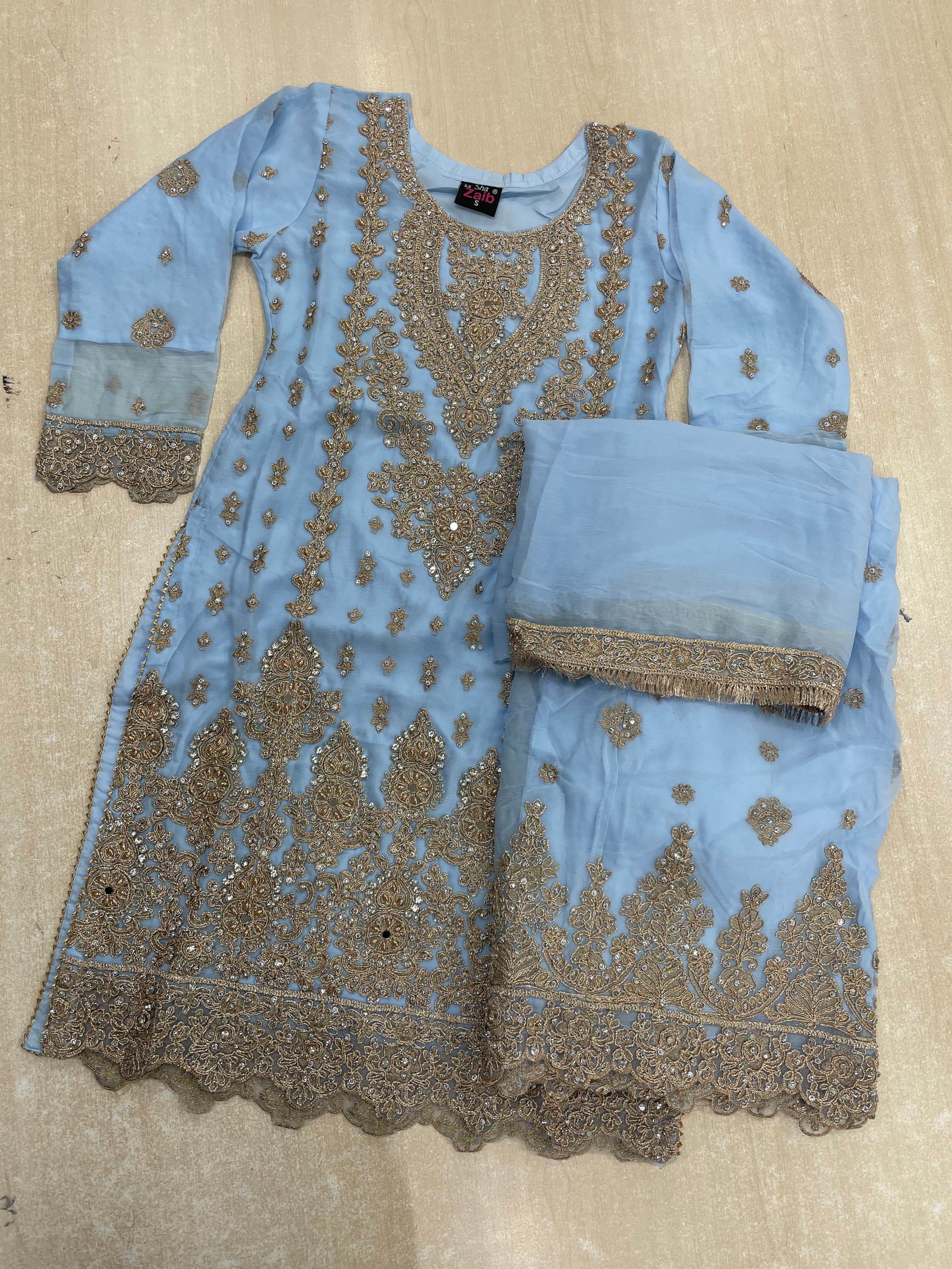 Sky Blue embroidered Plazo - Rose Gold Embroidered & Gem work - 3Pcs