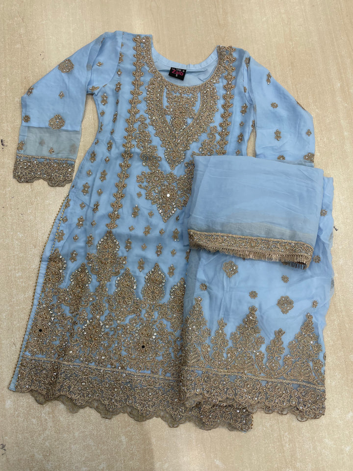 Aisha - Sky Blue embroidered Plazo - Rose Gold Embroidered & Gem work - 3Pcs