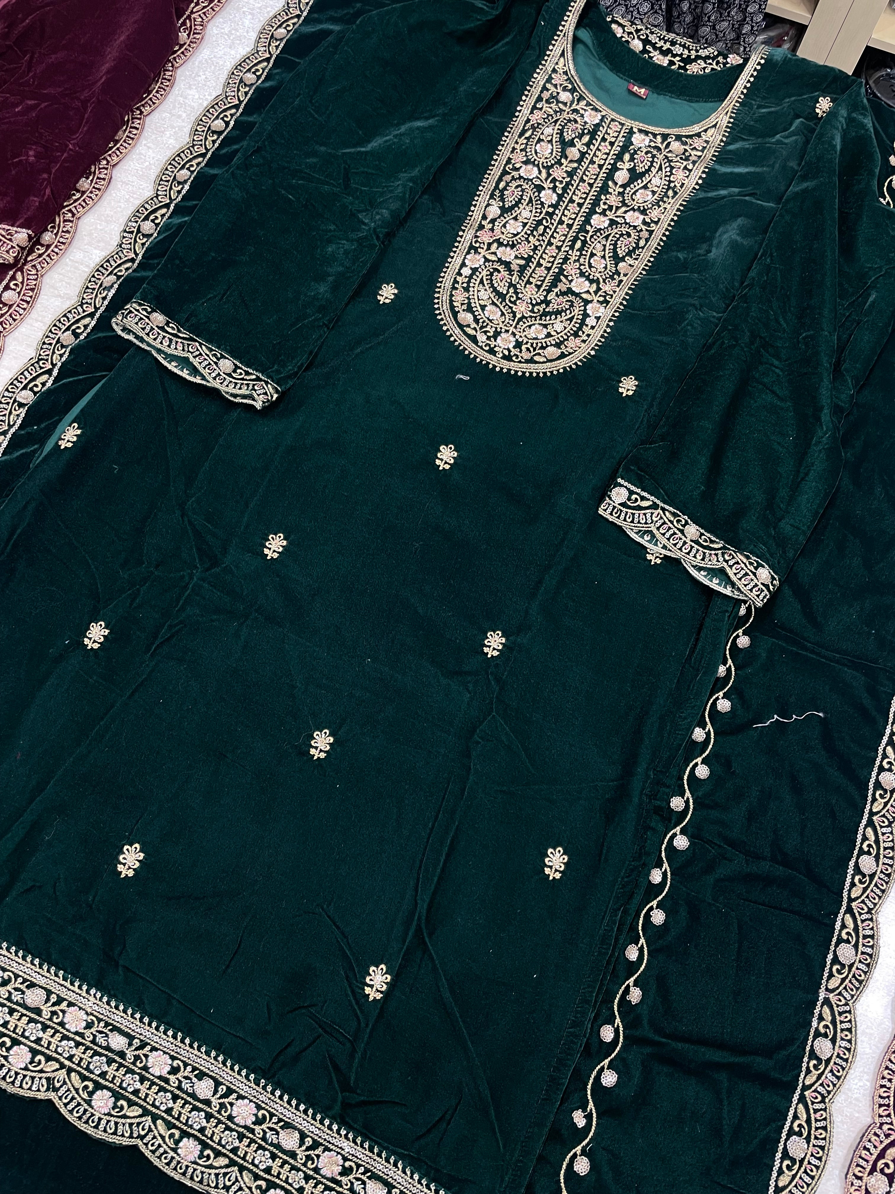 D2- Green Velvet Kameez - Embroidered & Gem work - 3Pcs