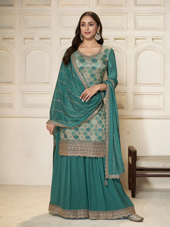 Abeer – Pastel Teal Green Dola Silk Printed Kurta with Sequinned Plazo Dupatta – 3 Pcs