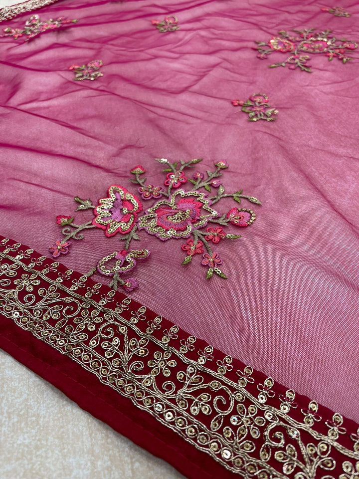 Delicate Grace – Cerise Pink Embroidered Net Dupatta with Rose Gold Detailing