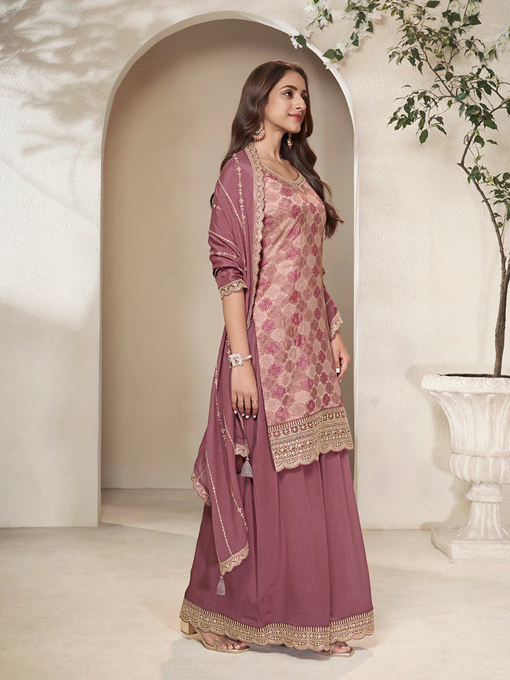 Abeer – Pastel Burgundy Dola Silk Printed Kurta with Sequinned Plazo Dupatta – 3 Pcs