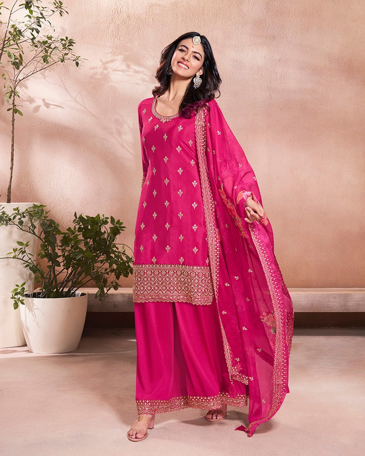 Mahira – Cerise Pink Sequins Embroidered Kurti Plazo Set with Digital Floral Dupatta – 3 Pcs