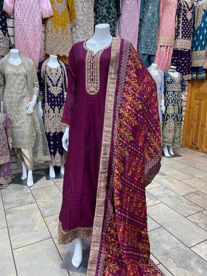 Dunya – Purple Mustard Bhagalpuri Silk Anarkali with Digital Print Dupatta – 2 Pcs