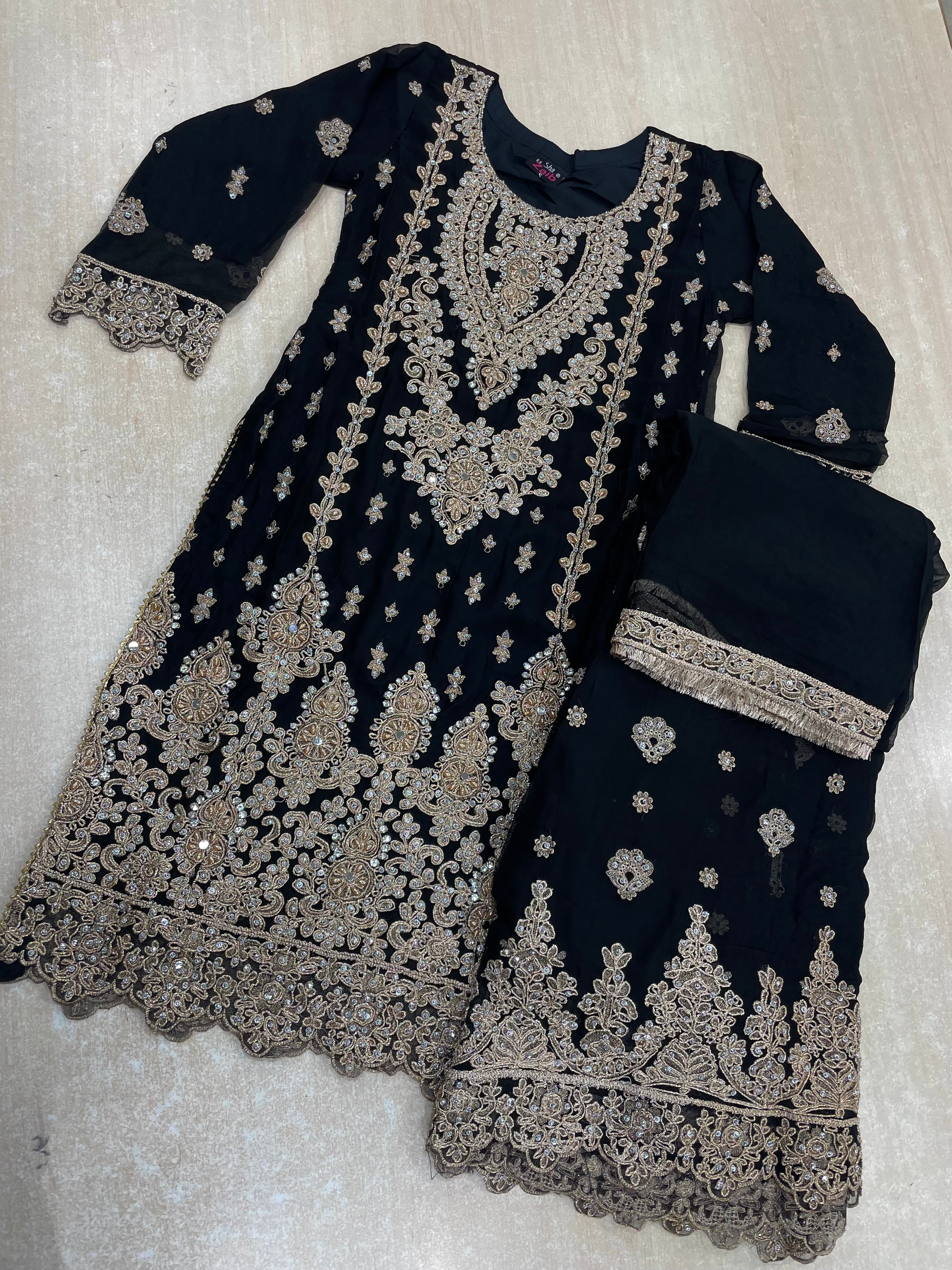 Black embroidered Plazo - Rose Gold Embroidered & Gem work - 3Pcs