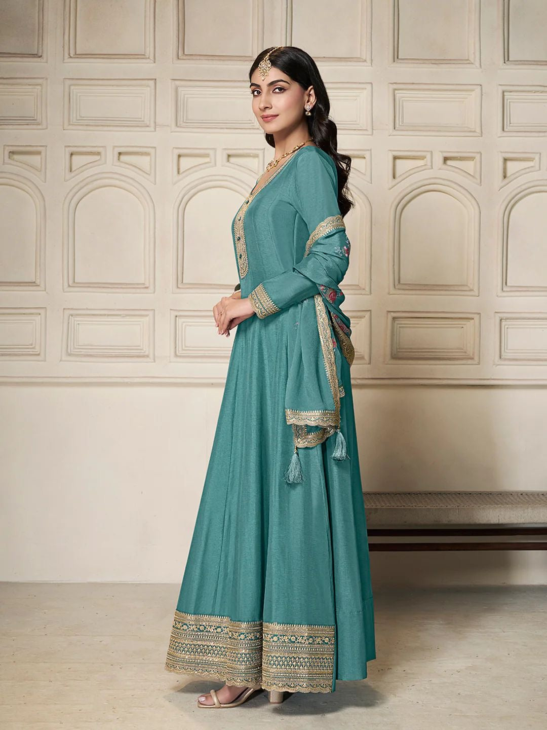 Amal – Teal Chinon Embroidered Anarkali Suit with Scalloped Dupatta - 2pcs