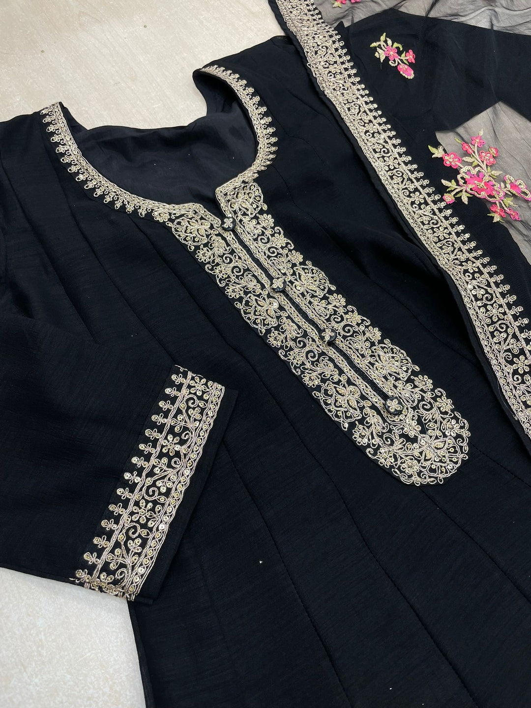 Marwah - Black Embroidered Anarkali with Net Dupatta - 3 Pcs