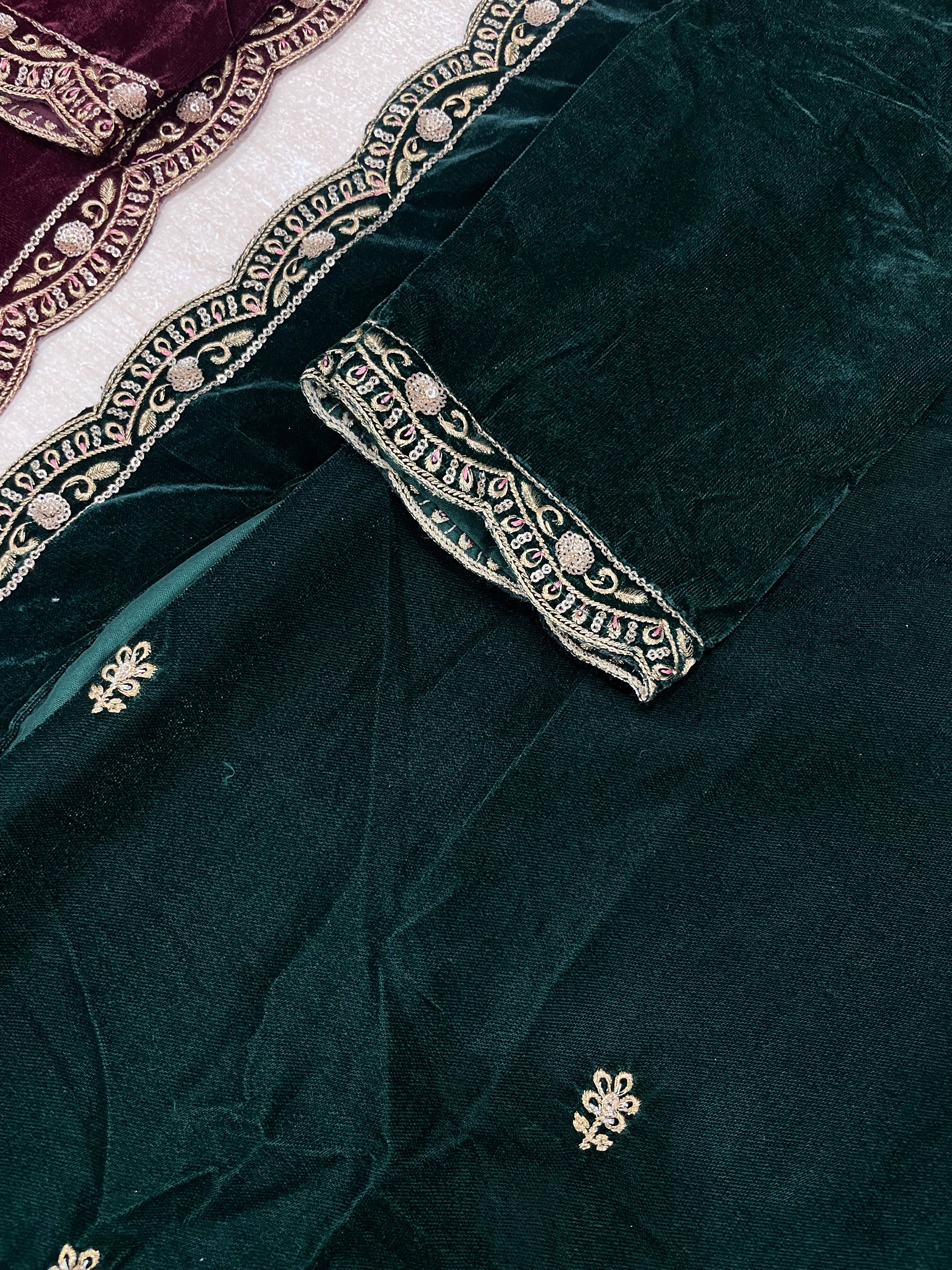 D2- Green Velvet Kameez - Embroidered & Gem work - 3Pcs