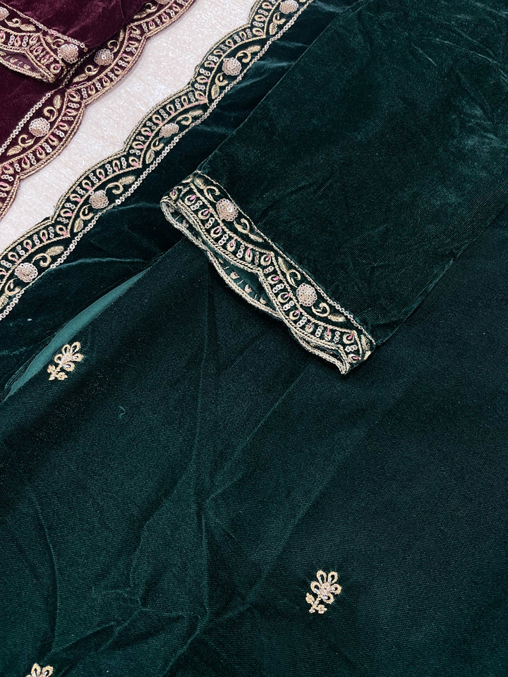 Qamar - Green Velvet Kameez - Embroidered & Gem work - 3Pcs