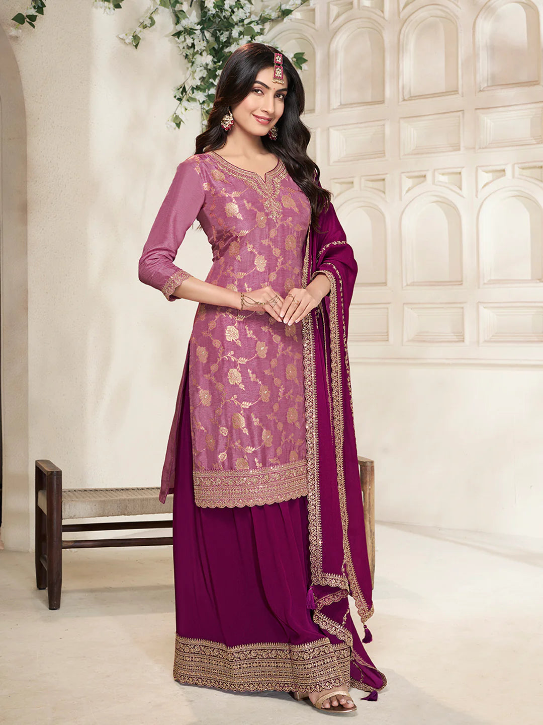 Sareen – Purple Dola Silk Embroidered Straight Kurta with Sequinned plazo Dupatta – 3 Pcs