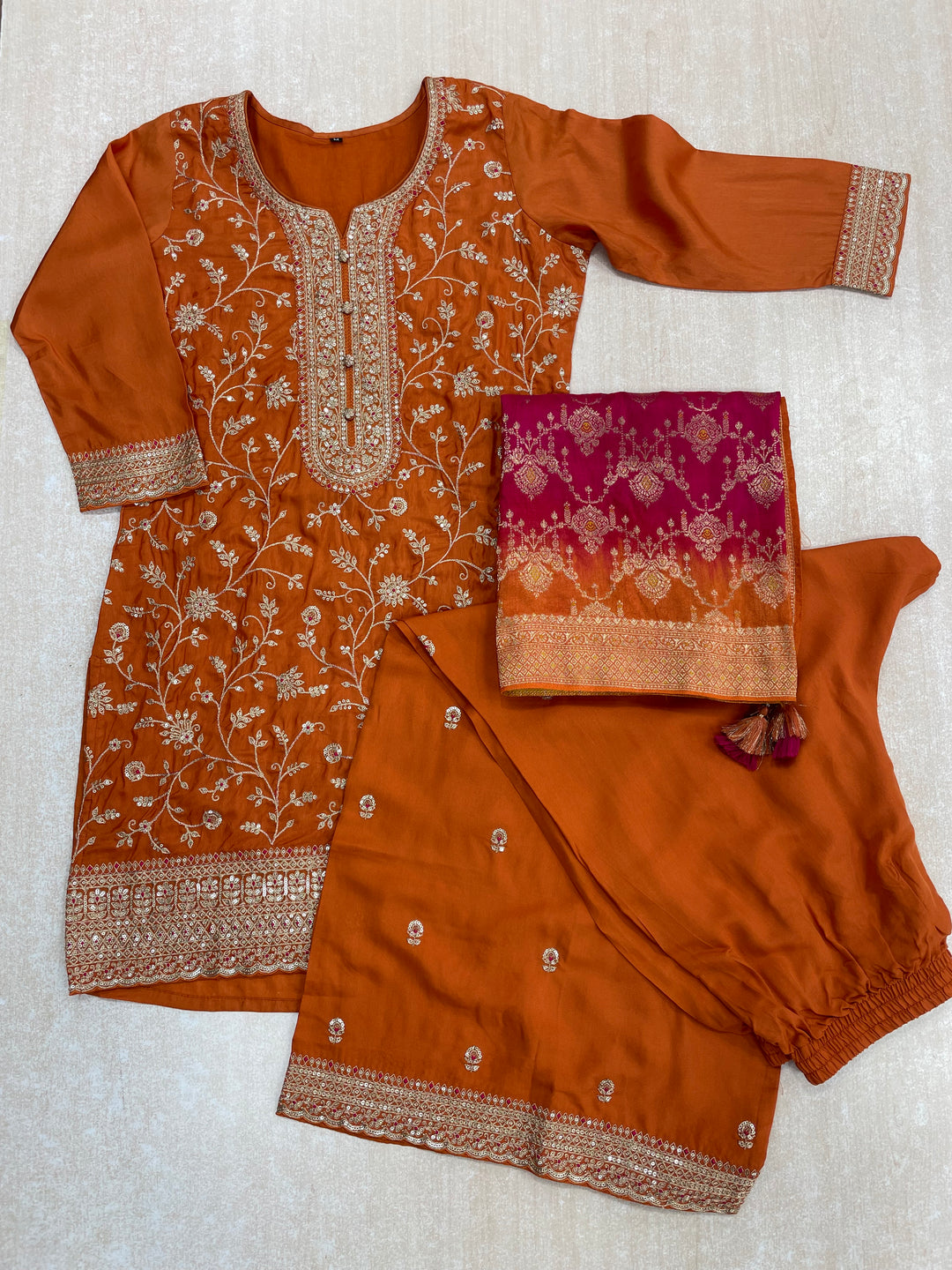 Aleeza – Orange Pure Silk Embroidered Set with Jacquard Dupatta - 3pcs