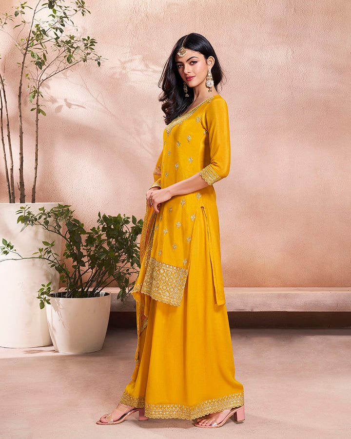 Mahira – Yellow Sequins Embroidered Kurti Plazo Set with Digital Floral Dupatta – 3 Pcs