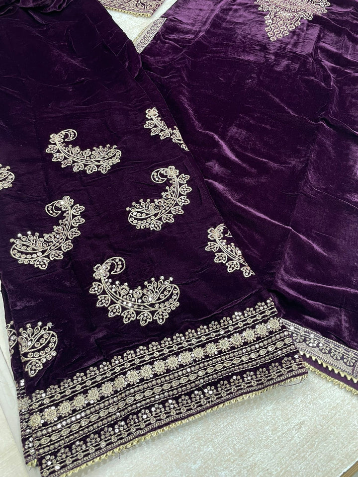 Zayrah - Purple Velvet Kameez with Plazo - Embroidered & Gem work - 3Pcs