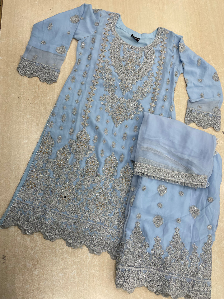 Aisha - Sky Blue embroidered Plazo - Silver Embroidered & Gem work - 3Pcs