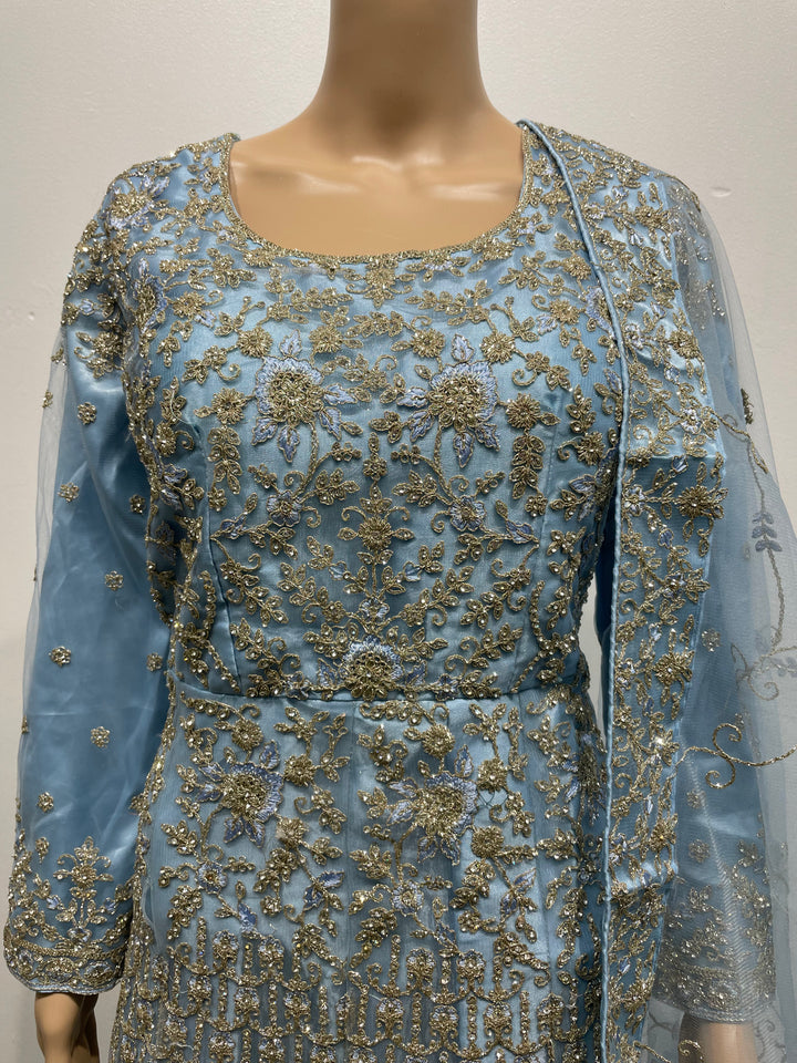 Yusra - Sky Blue Heavy Embroidered Net Party Gown with White Gold Embroidered - 3pcs
