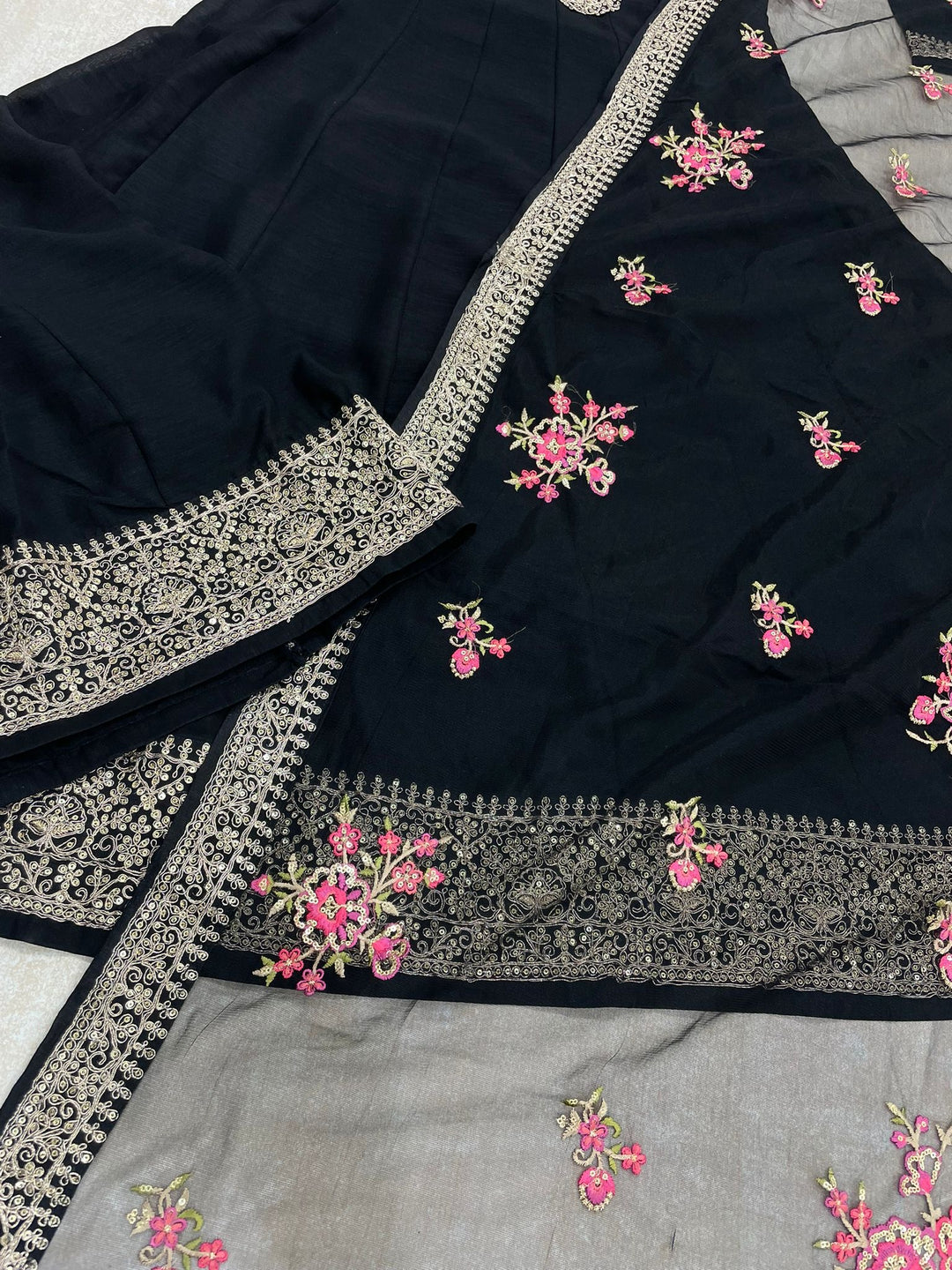 Marwah - Black Embroidered Anarkali with Net Dupatta - 3 Pcs