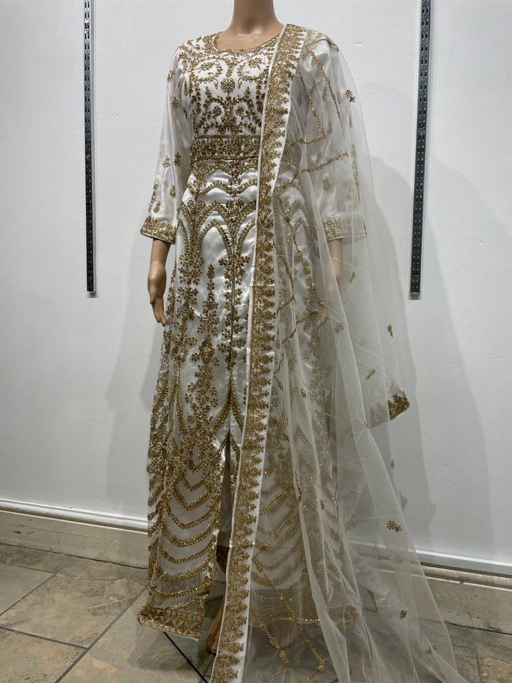 Meher - White Heavy Embroidered Gown with Front Split - 3pcs