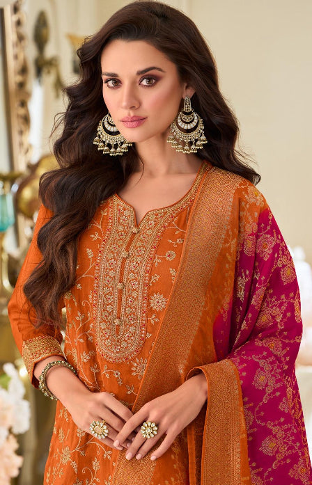 Aleeza – Orange Pure Silk Embroidered Set with Jacquard Dupatta - 3pcs
