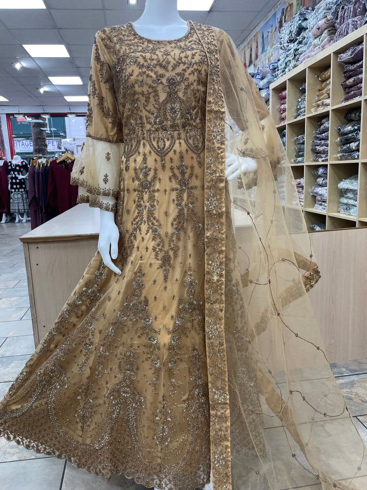 Jannah - Dijon Yellow/Mustard Heavy Embroidered Net Party Gown with Bell Sleeves/Copper Gold Embroidered - 3pcs