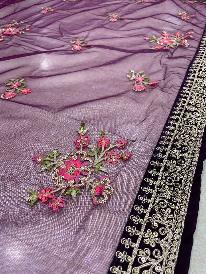 Marwah - Purple Embroidered Anarkali with Net Dupatta - 3 Pcs