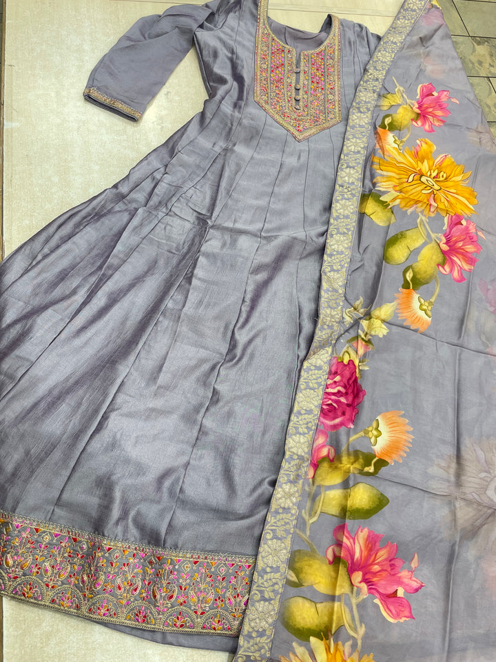 Aaliyah - Lilac embroidered anarkali With with print scarf - 3 Pcs