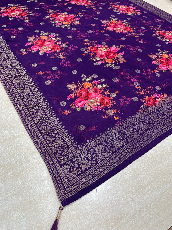 Aleena - Purple Pure Viscose Dola with Embroidery Work & Digital Print Scarf - 3 Pcs