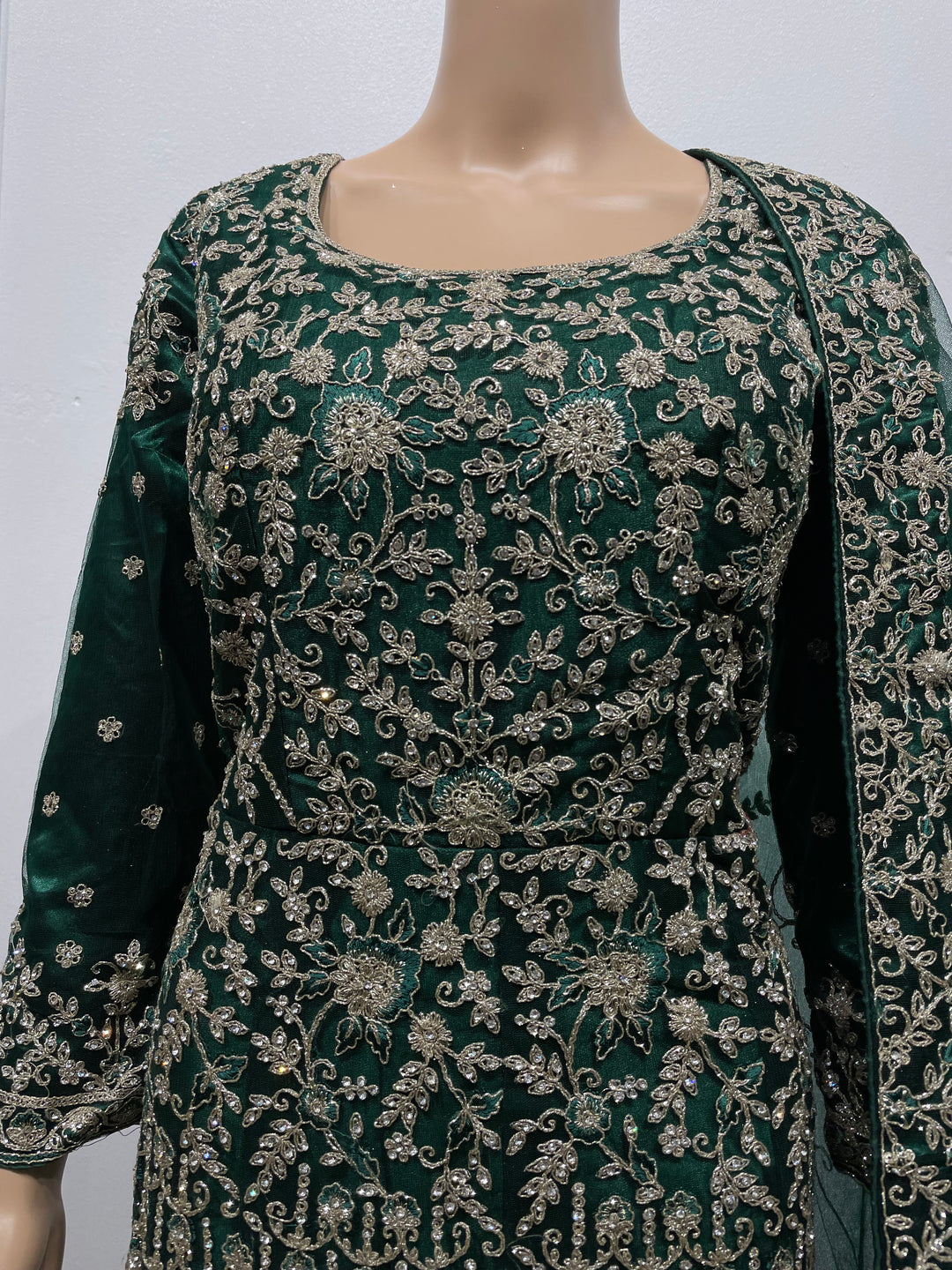 Yusra - Dark Green Heavy Embroidered Net Party Gown with White Gold Embroidered - 3pcs