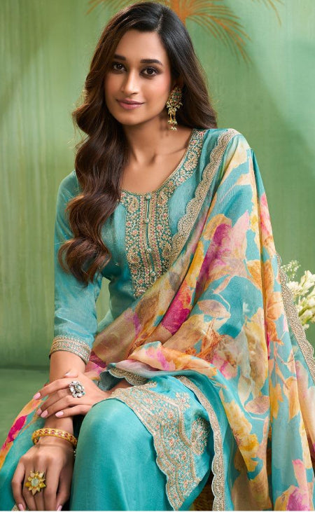 Elham – Turquoise Masoori Embroidered Suit Set with Printed Dupatta - 3pcs