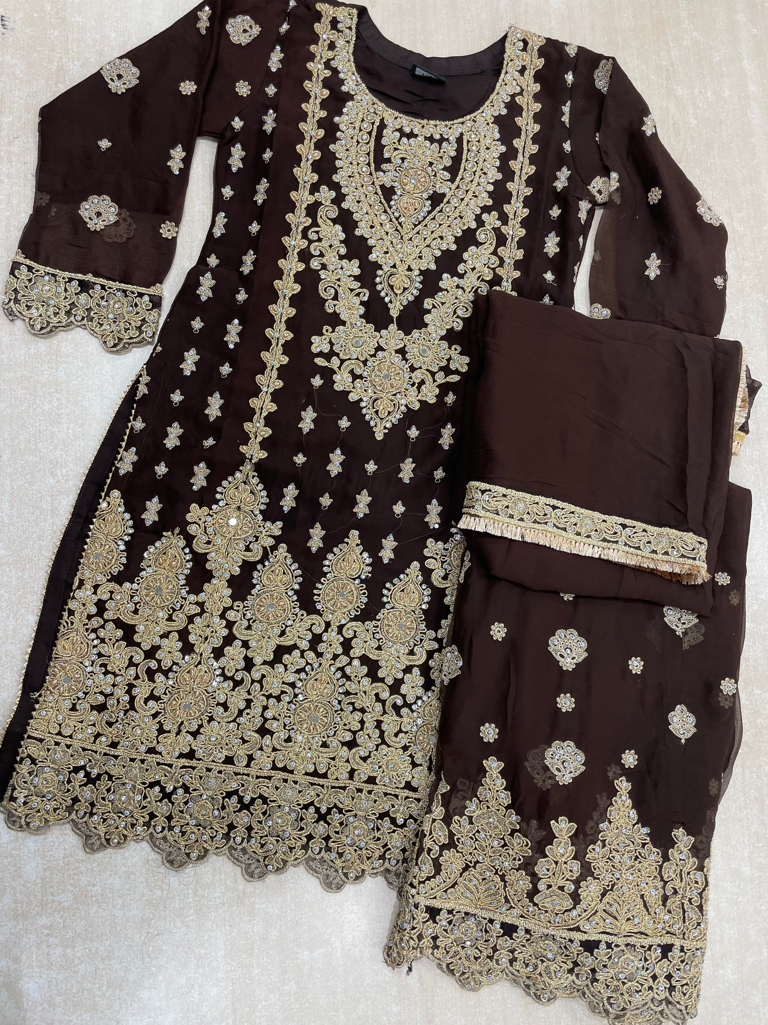 Brown embroidered Plazo - Gold Embroidered & Gem work - 3Pcs