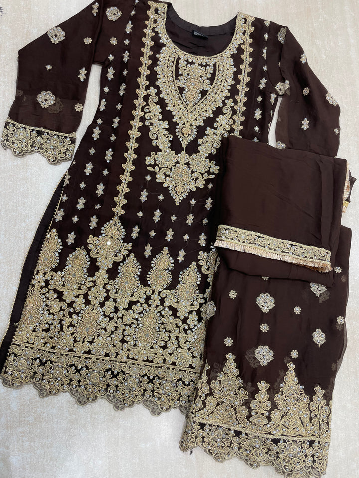 Aisha - Brown embroidered Plazo - Gold Embroidered & Gem work - 3Pcs