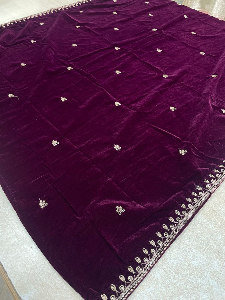 Noura - Purple Velvet Kameez - Embroidered & Gem work - 3Pcs