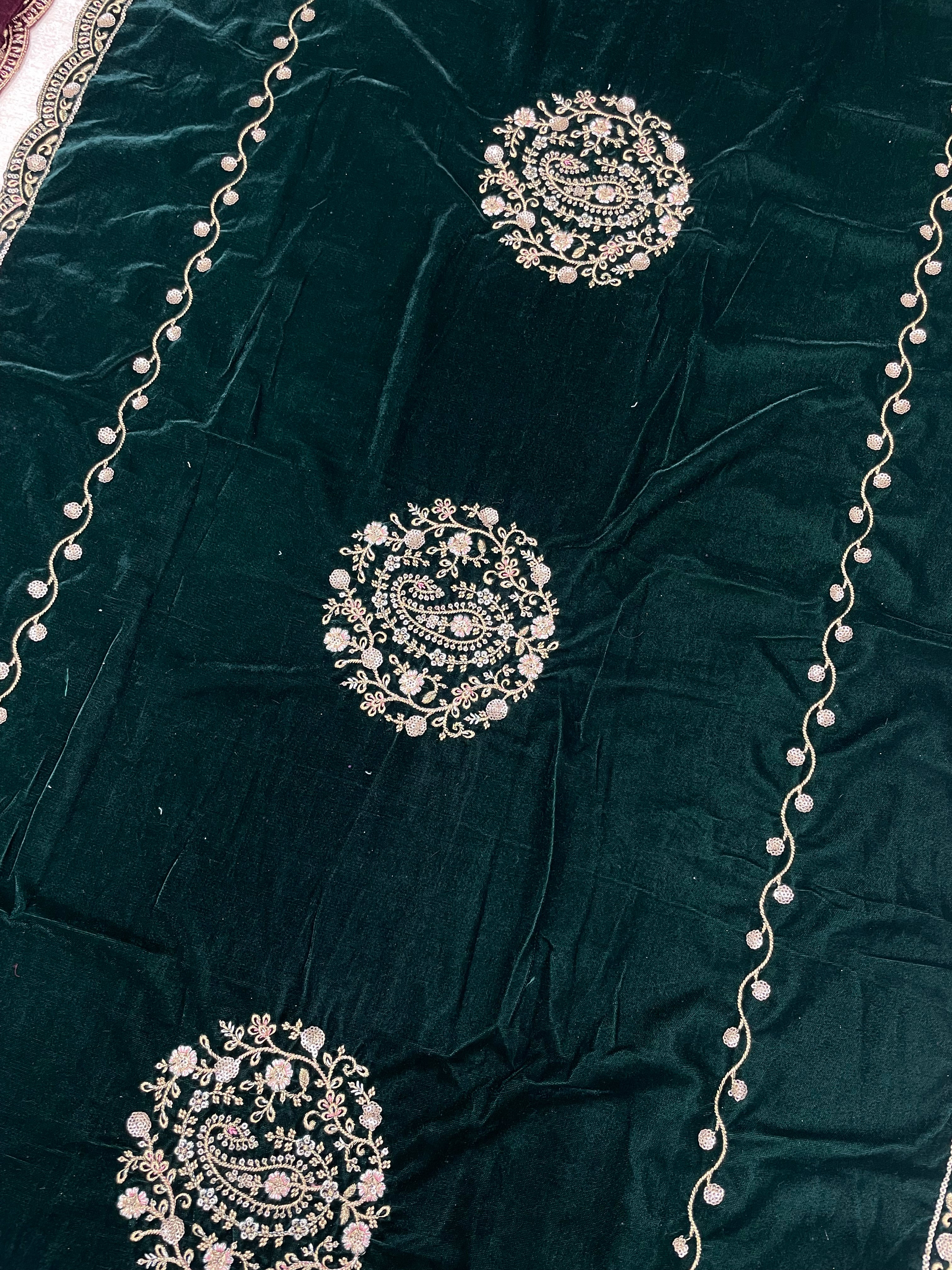 D2- Green Velvet Kameez - Embroidered & Gem work - 3Pcs