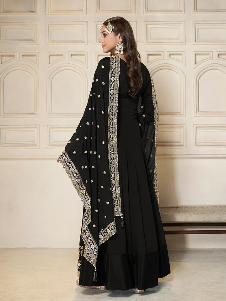 Nureh – Black Chinon Embroidered Anarkali Suit with Scalloped Dupatta - 2pcs
