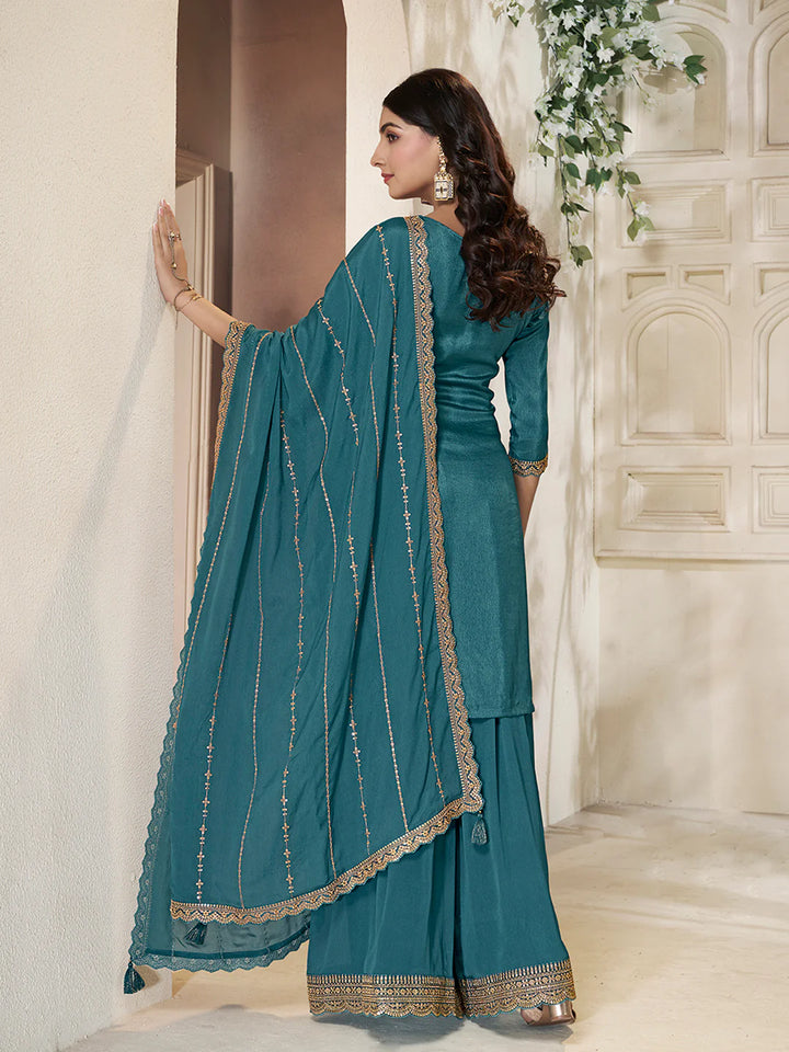 Abeer – Pastel Teal Blue Dola Silk Printed Kurta with Sequinned Plazo Dupatta – 3 Pcs