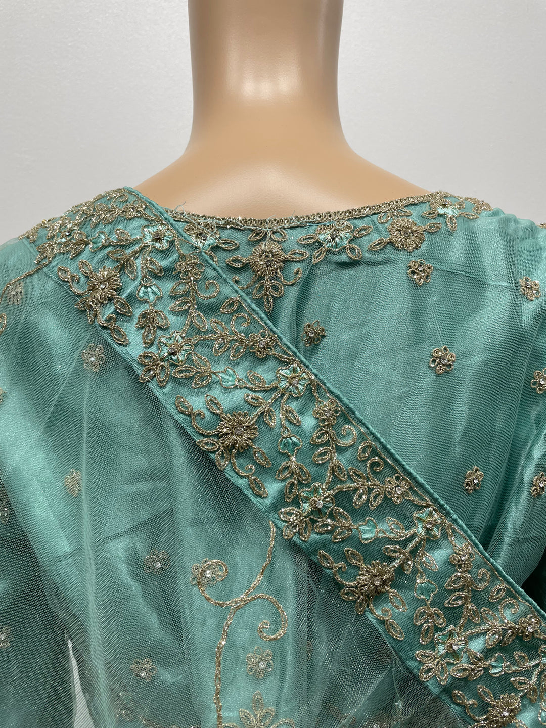 Yusra - Turquoise Heavy Embroidered Net Party Gown with White Gold Embroidered - 3pcs