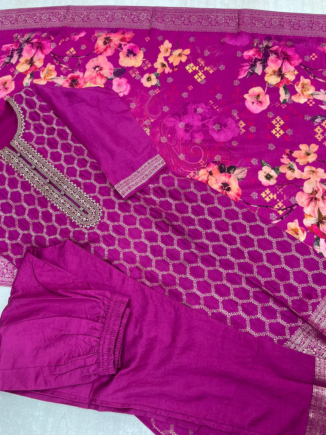 Aleena - Fuchsia Pure Viscose Dola with Embroidery Work & Digital Print Scarf - 3 Pcs