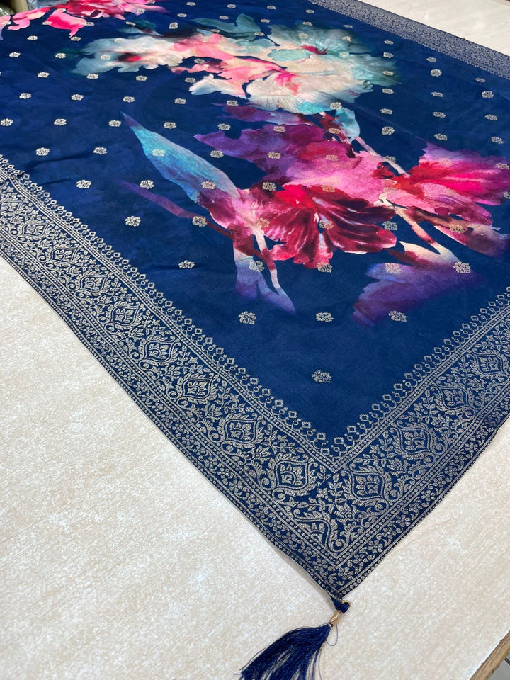 Aleena - Blue Pure Viscose Dola with Embroidery Work & Digital Print Scarf - 3 Pcs