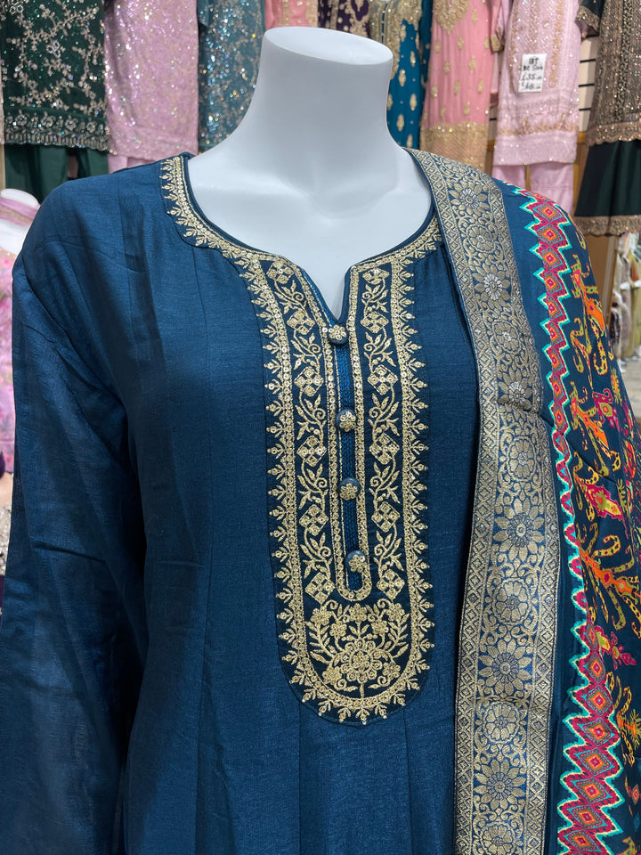 Dunya – Teal Blue Bhagalpuri Silk Anarkali with Digital Print Dupatta – 2 Pcs