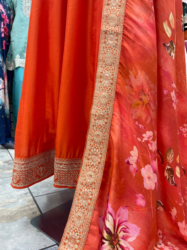 Isra – Orange Bhagalpuri Silk Anarkali with Digital Print Dupatta – 3 Pcs