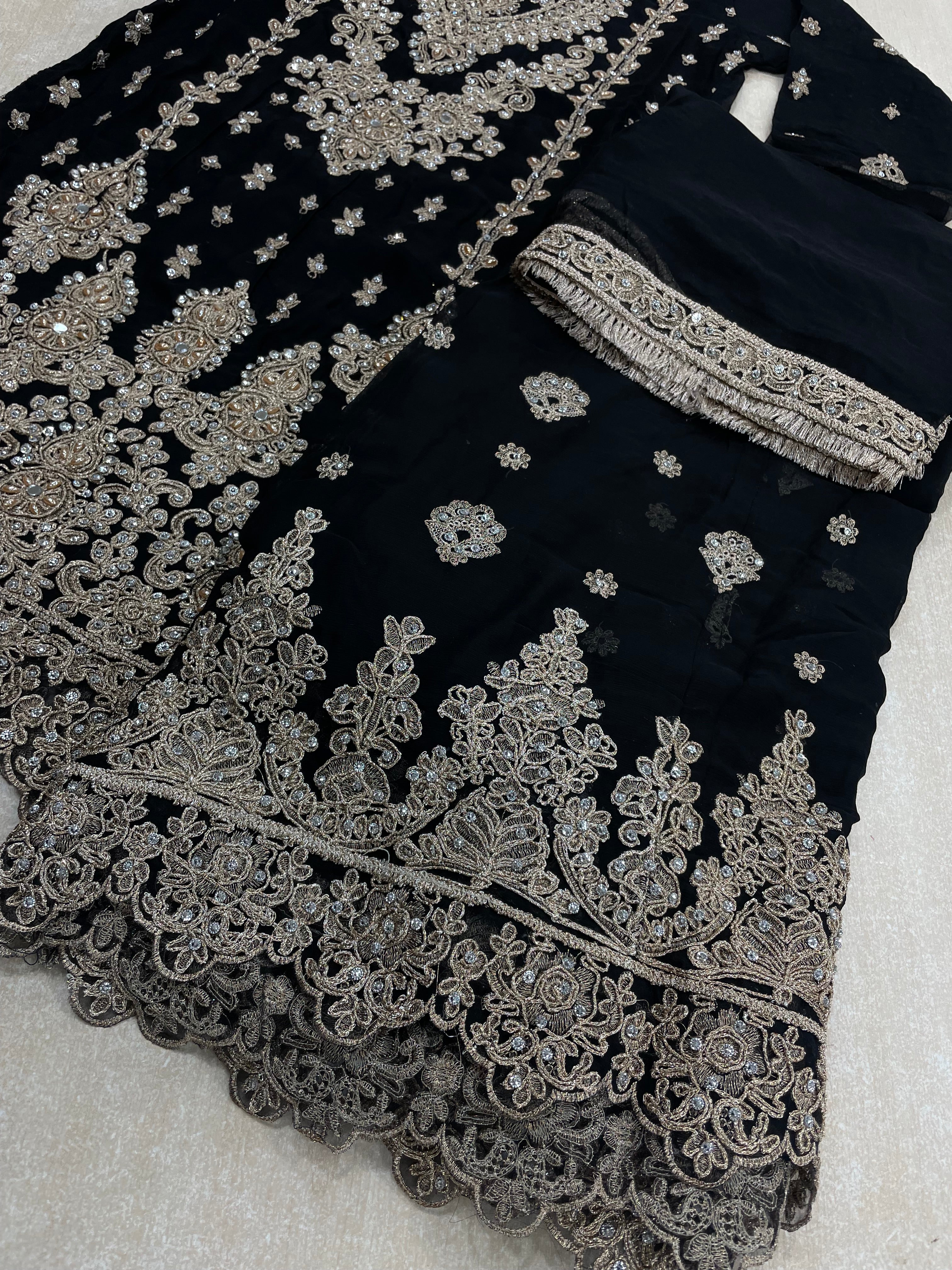 Black embroidered Plazo - Rose Gold Embroidered & Gem work - 3Pcs